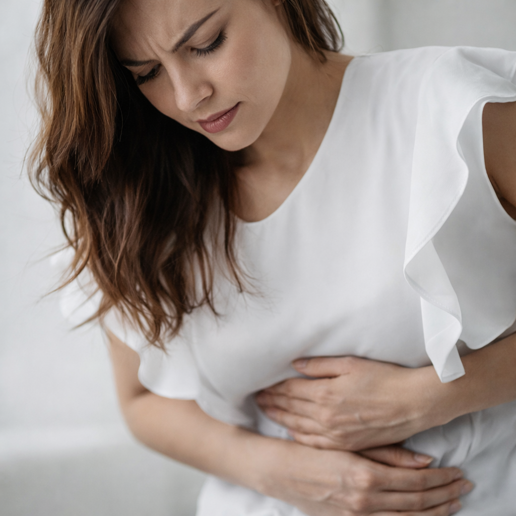Woman experiencing mild digestive discomfort at home